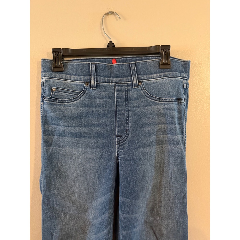 Spanx Flare Jeans Medium Wash Blue Denim Pull On High Rise Size Medium Tall - Picture 3 of 8